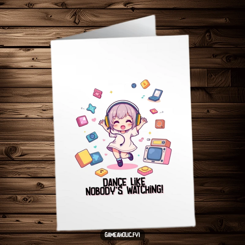 Funny Free Printable Birthday Card: A character with headphones, joyfully dancing amongst floating game icons, celebrating.