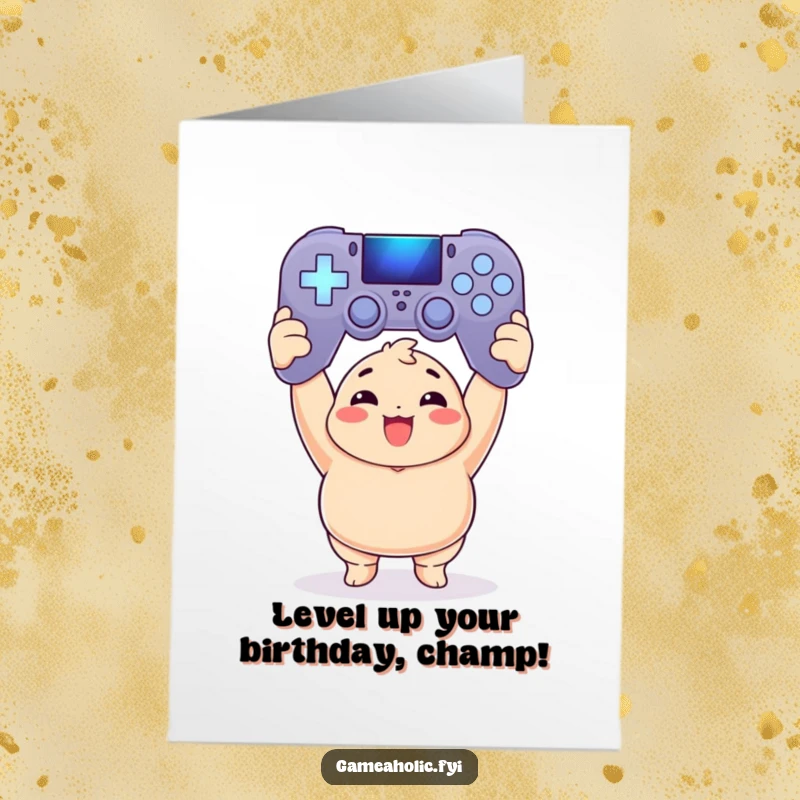 Funny Free Printable Birthday Card: Chubby gamer triumphantly holding a glowing oversized game controller, ready to play.
