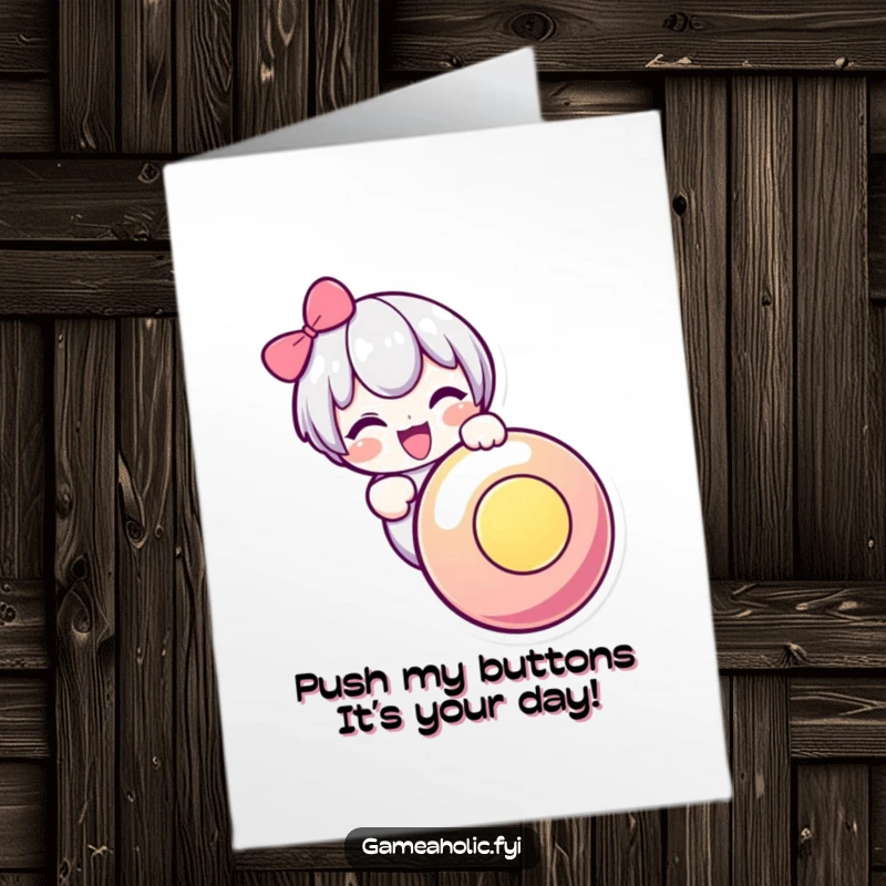 Funny Free Printable Birthday Card: Cute character gleefully mashing a giant glowing button for an epic celebration.