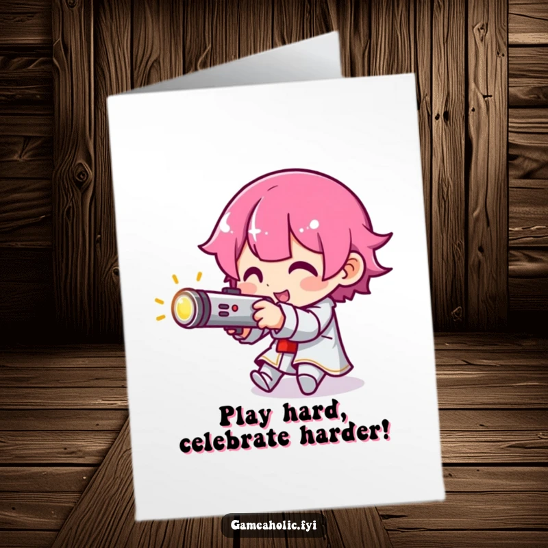 Funny Free Printable Birthday Card: Gamer character focused, playfully aiming a tiny glowing joystick, ready for adventure, downloadable.