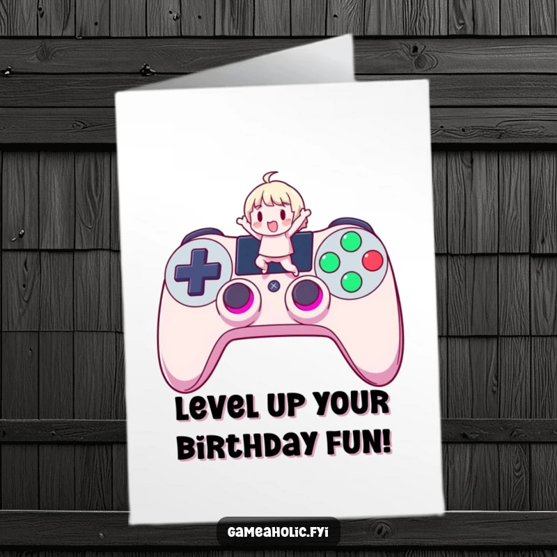 Funny Free Printable Birthday Card: A cute character excitedly jumping on a giant, glowing game controller button.
