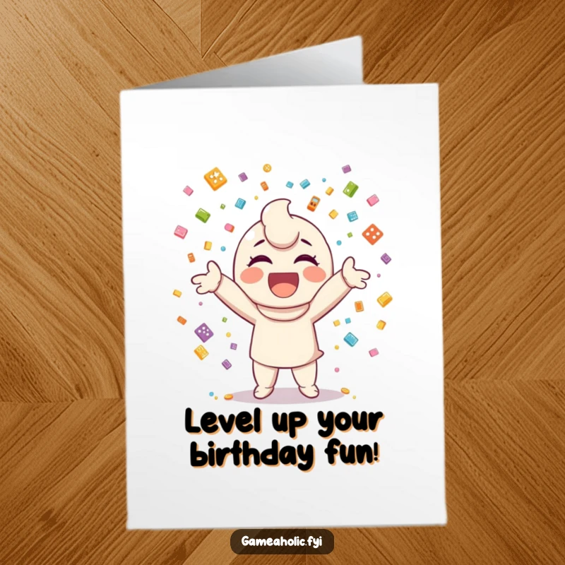Funny Free Printable Birthday Card: Happy character joyfully throwing confetti made of small, colorful video game icons, celebrating a birthday.