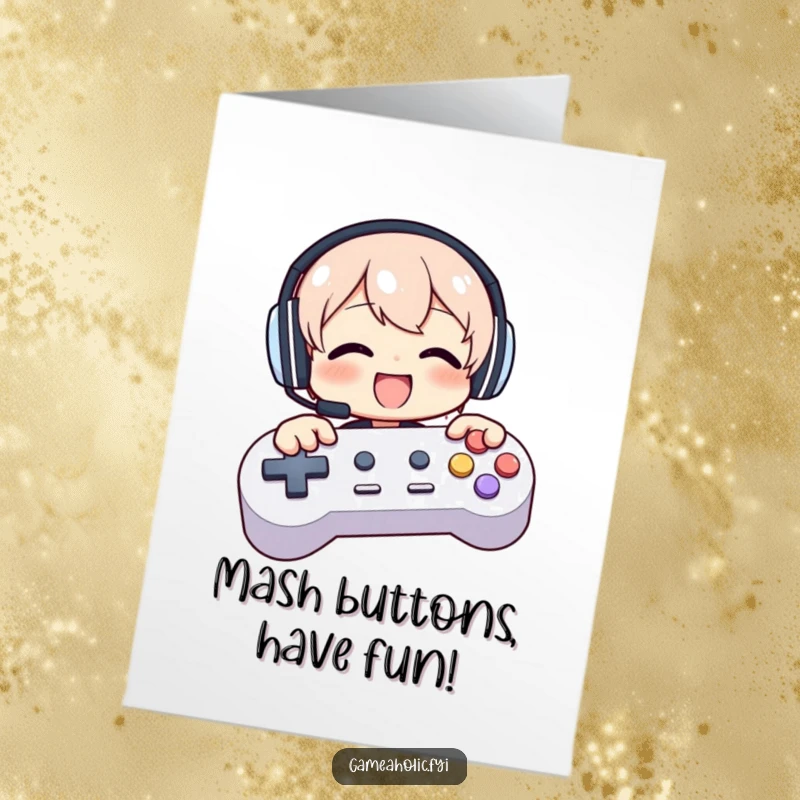 Funny Free Printable Birthday Card: Gamer character with headphones on, joyfully mashing giant controller buttons.