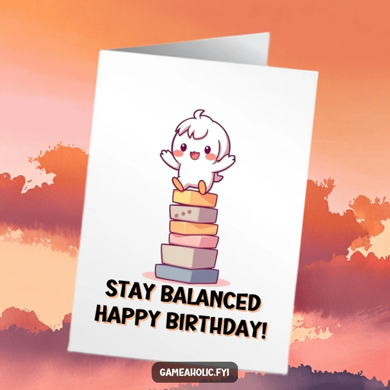 Funny Free Printable Birthday Card: Playful character precariously balancing on a tall stack of colorful pixels.