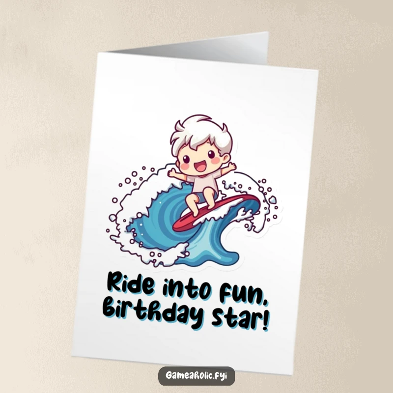 Funny Free Printable Birthday Card: Cheerful character dressed as a surfer, riding a stylized, retro pixelated wave with excitement.