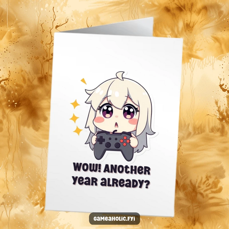 Funny Free Printable Birthday Card: Gamer character with wide eyes, clutching a game controller in surprise.