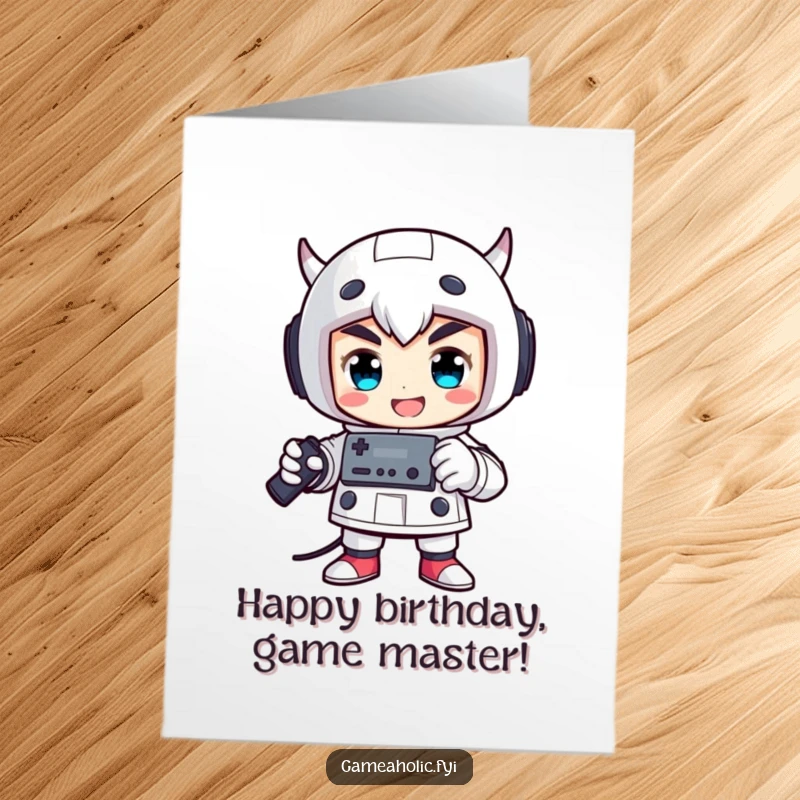 Funny Free Printable Birthday Card: Proud character striking a triumphant victory pose, holding a game controller high, celebrating a birthday.