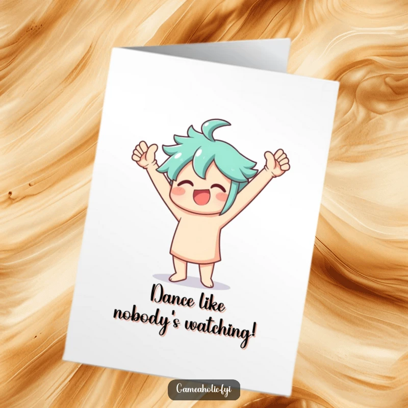 Funny Free Printable Birthday Card showing a character doing a joyful victory dance with arms raised high in triumph.