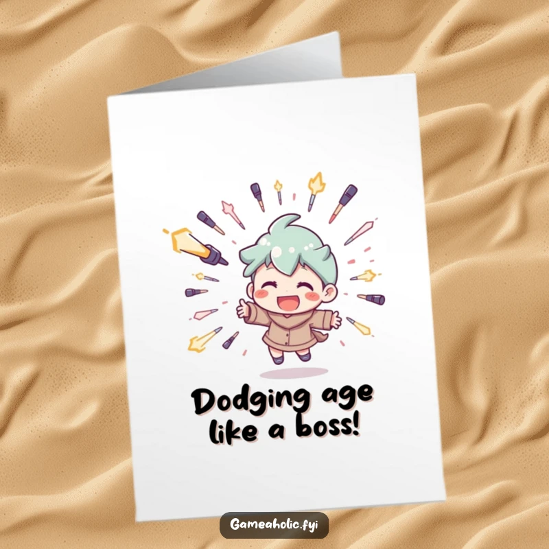 Funny Free Printable Birthday Card: Character grinning while playfully dodging digital projectiles, celebrating a birthday win.