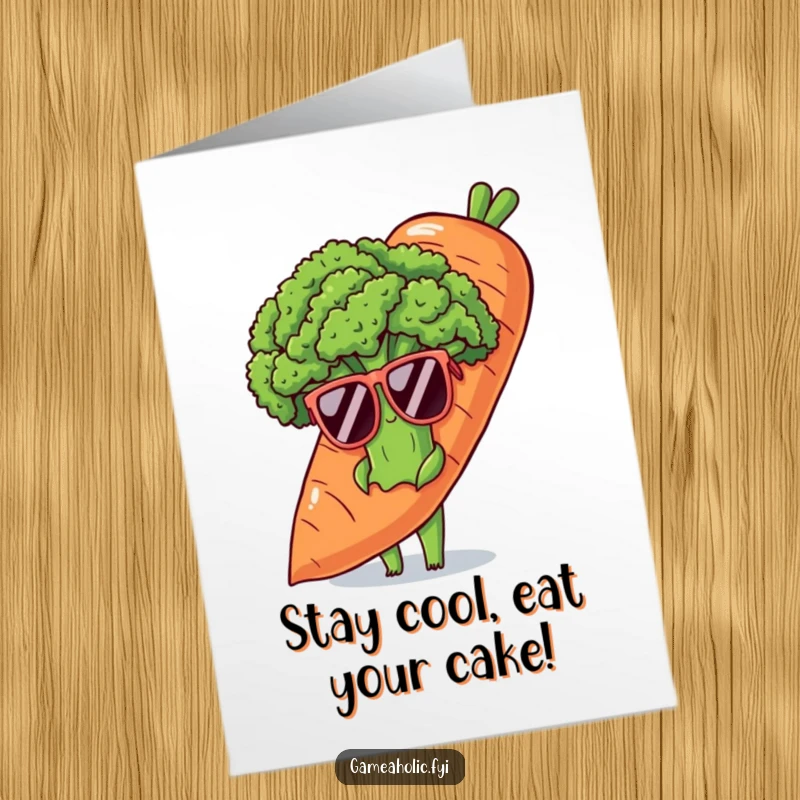 Funny Free Printable Birthday Card: Shy broccoli in big sunglasses peeking from behind a carrot, wishing happy birthday.