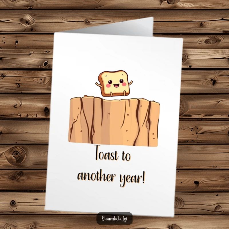 Funny Free Printable Birthday Card: Smiling cartoon toast with tiny legs jumping over a huge crumb cliff, celebrating.