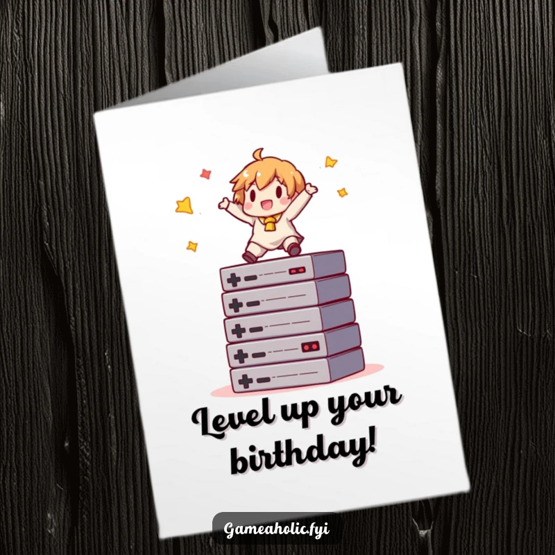 Funny Free Printable Birthday Card: Gamer character joyfully balancing on a stack of game cartridges, celebrating.