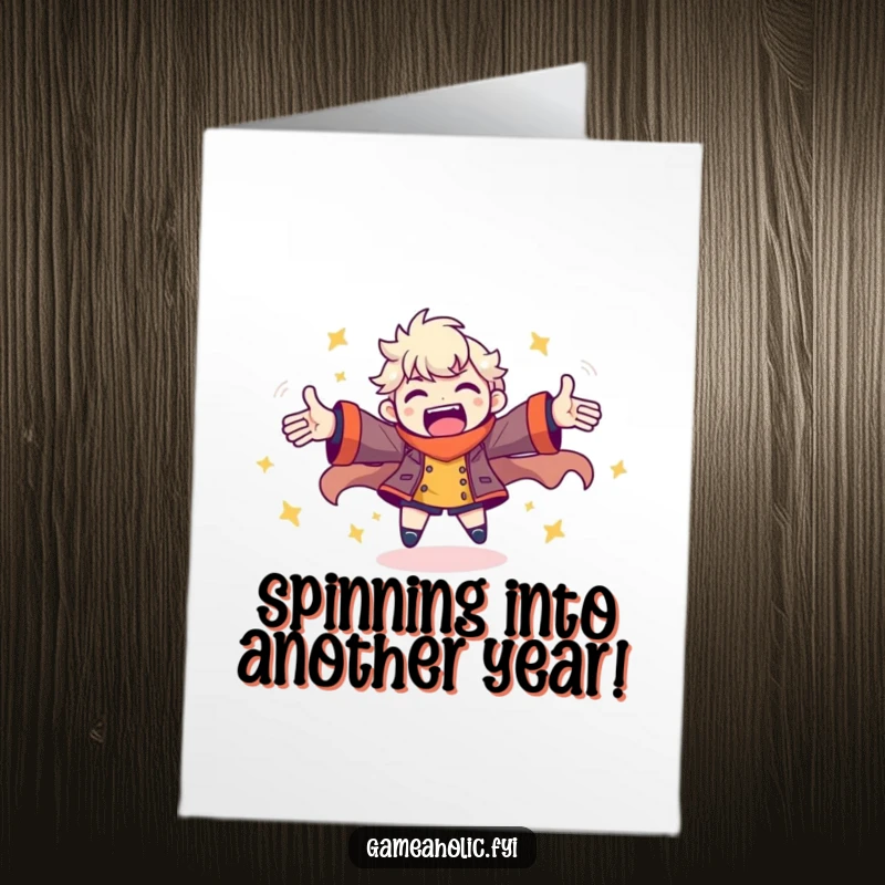 Funny Free Printable Gamer Birthday Card: Character spins with arms outstretched, radiating pure gaming energy and joy.