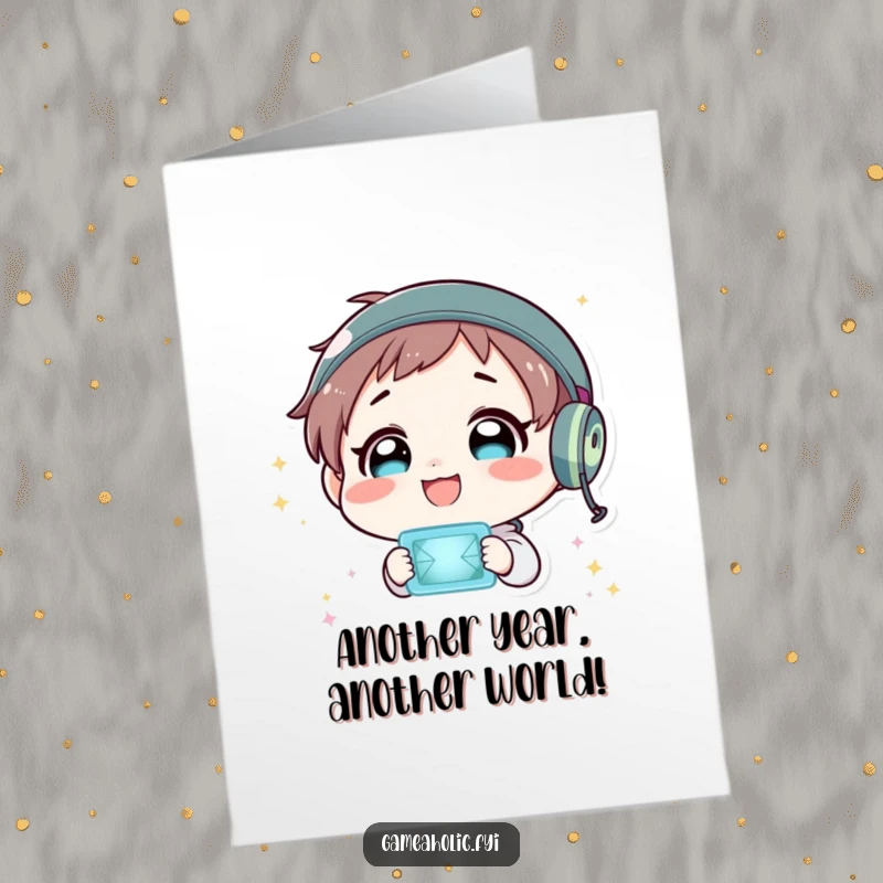 Funny Free Printable Gamer Birthday Card: Character beams with pure delight, eyes fixed on a glowing, flashing virtual world.