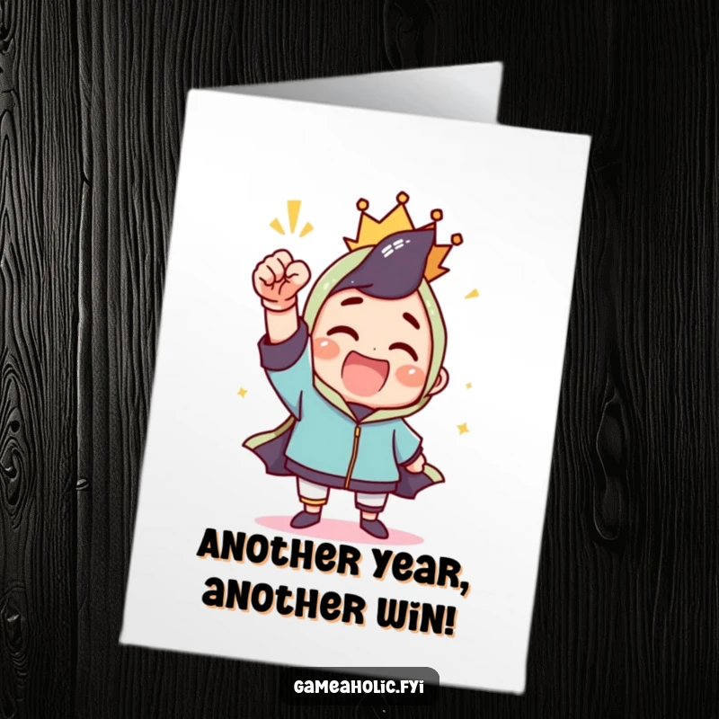 Funny Free Printable Birthday Card showing a character triumphantly celebrating a win with a powerful fist pump.