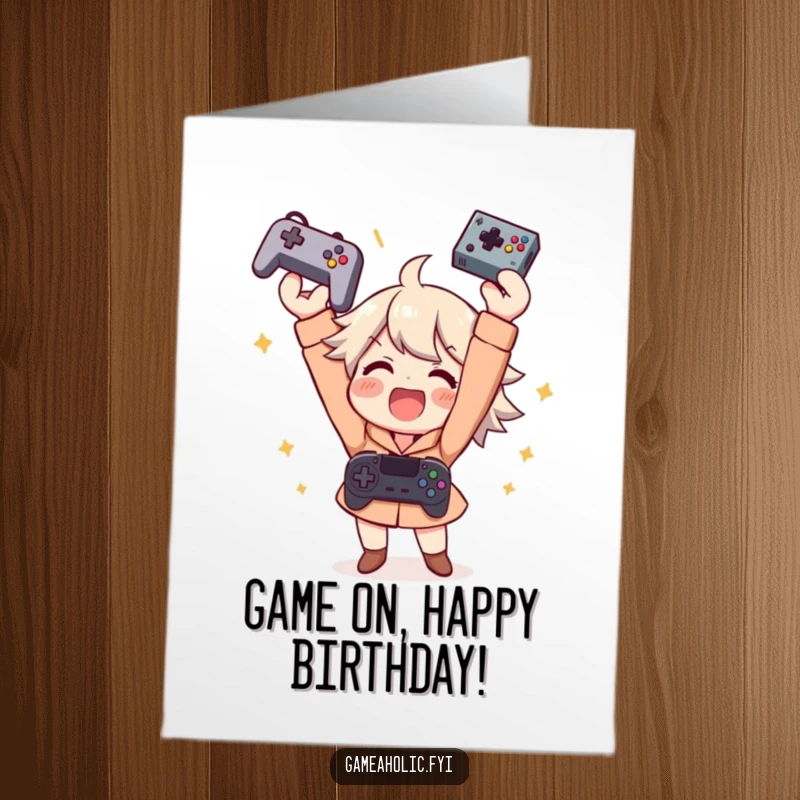 Funny free printable birthday card of a gamer throwing a controller in the air with wide-eyed excitement and celebration.