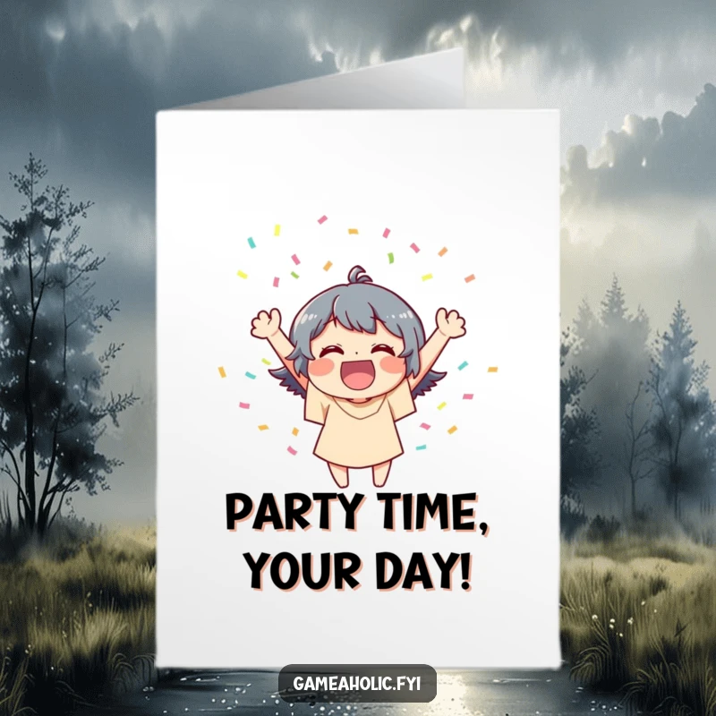 Funny Free Printable Birthday Card: Joyful character triumphantly celebrates a birthday with a vibrant shower of confetti.