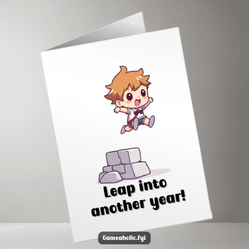 Funny Free Printable Birthday Card: Character leaping over an abstract, pixelated obstacle, celebrating achievement.