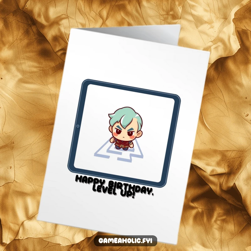 Funny Free Printable Birthday Card: Character navigating a maze on a tablet screen, symbolizing focus and achievement. A tech-themed downloadable card.