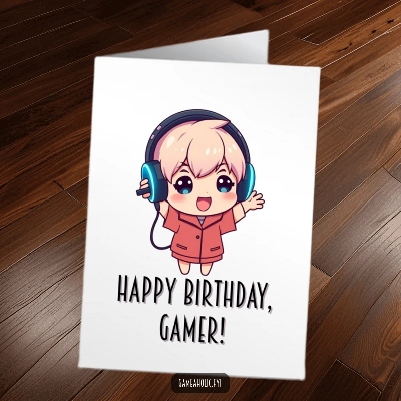 Funny free printable birthday card of a character enthusiastically holding up a gaming headset with bright, glowing lights.