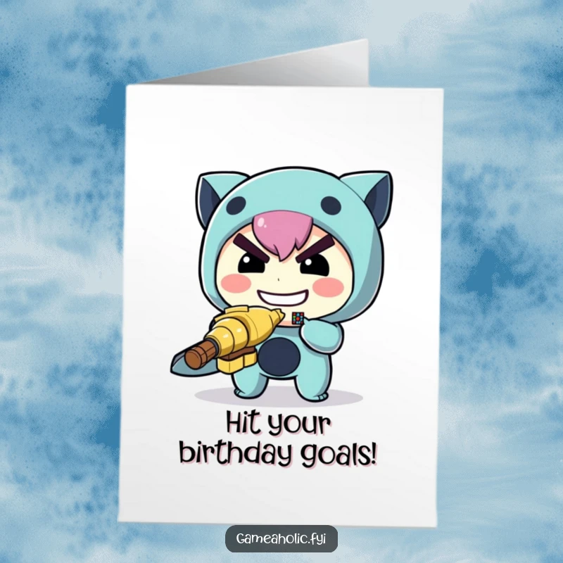 Funny Free Printable Birthday Card: Character with determined grin aiming a tiny pixelated target, celebrating birthday.