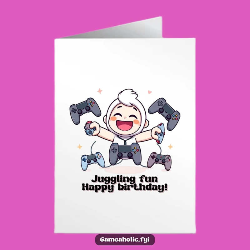 Free Printable Birthday Card: Juggling Gamer Character Funny Gift