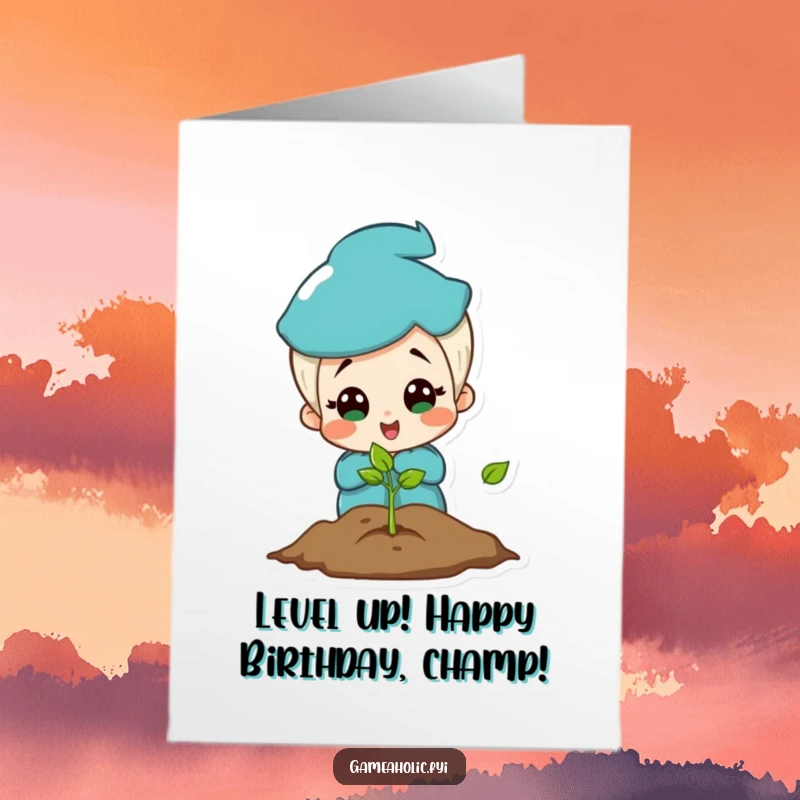 Funny Free Printable birthday card with a charming character shocked by a glowing game screen, perfect for gamers.