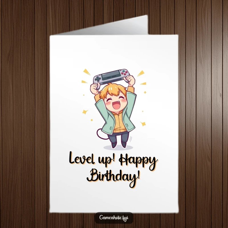 Funny Free Printable Birthday Card: Character joyfully throws a gamepad in the air, celebrating a birthday win, DIY gift.