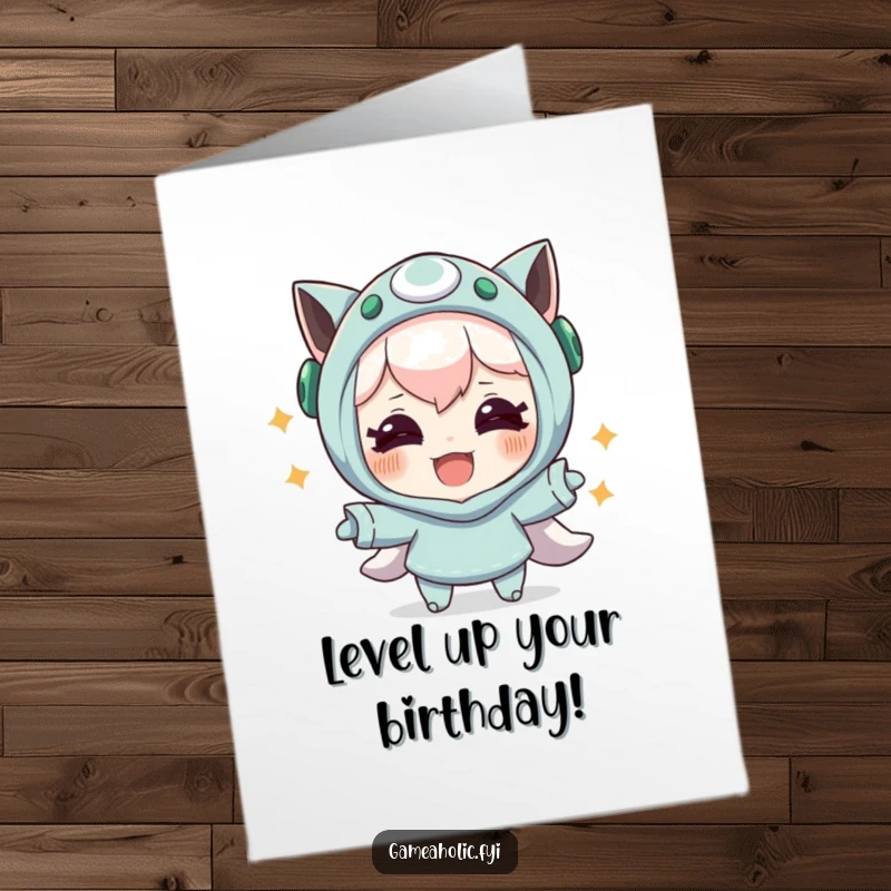 Funny Free Printable Birthday Card: Character with joyful eyes celebrating a skillful in-game maneuver, birthday triumph.