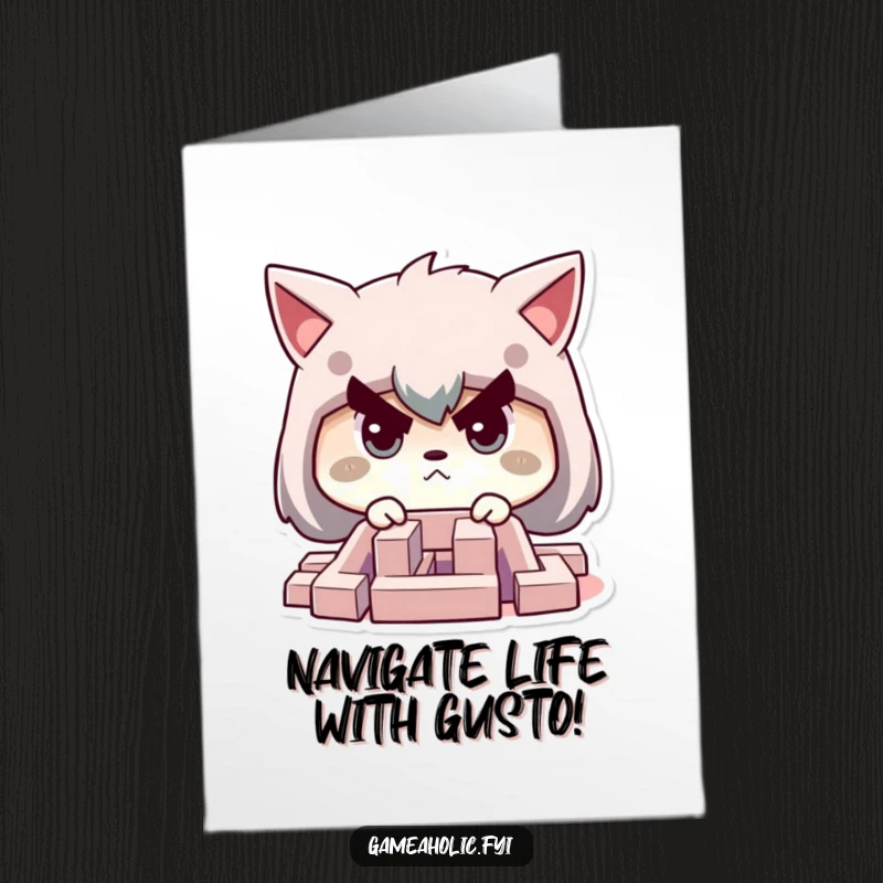 Funny Free Printable Birthday Card: Determined character focused on a tiny challenging maze, symbolizing overcoming obstacles. Downloadable gift.