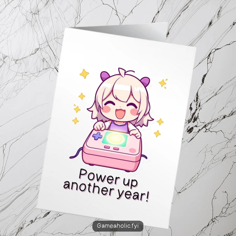 Funny free printable birthday card showing a gamer happily powering up a glowing, stylized gaming console.