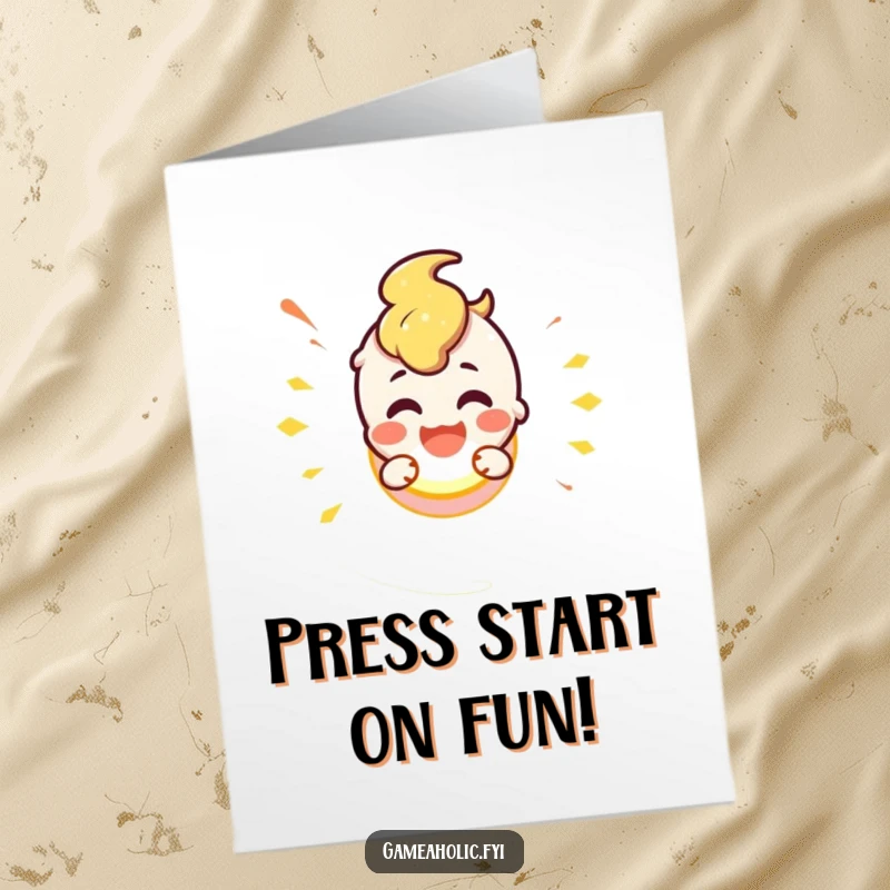 Funny Free Printable Birthday Card: A cute character with a huge smile excitedly smashes a big, glowing red button, triggering fun.