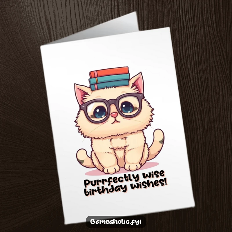 Funny Free Printable Birthday Card: Fluffy cat wearing huge glasses precariously balancing a tall stack of books.