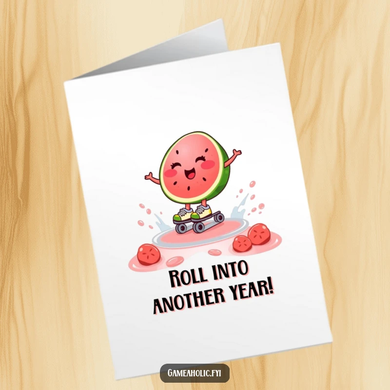 Funny Free Printable Birthday Card: Happy watermelon slice on roller skates gliding smoothly on a juice puddle, celebrating.