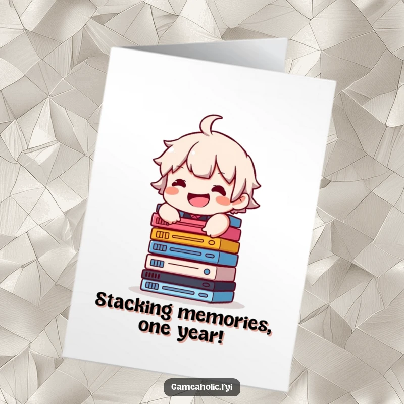 Funny Free Printable Birthday Card featuring a grinning character precariously balancing a tall stack of video game cases.