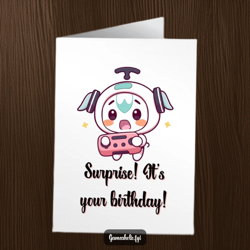 Funny Free Printable Birthday Card: Surprised gamer character catching a flying controller, a humorous birthday surprise, downloadable.