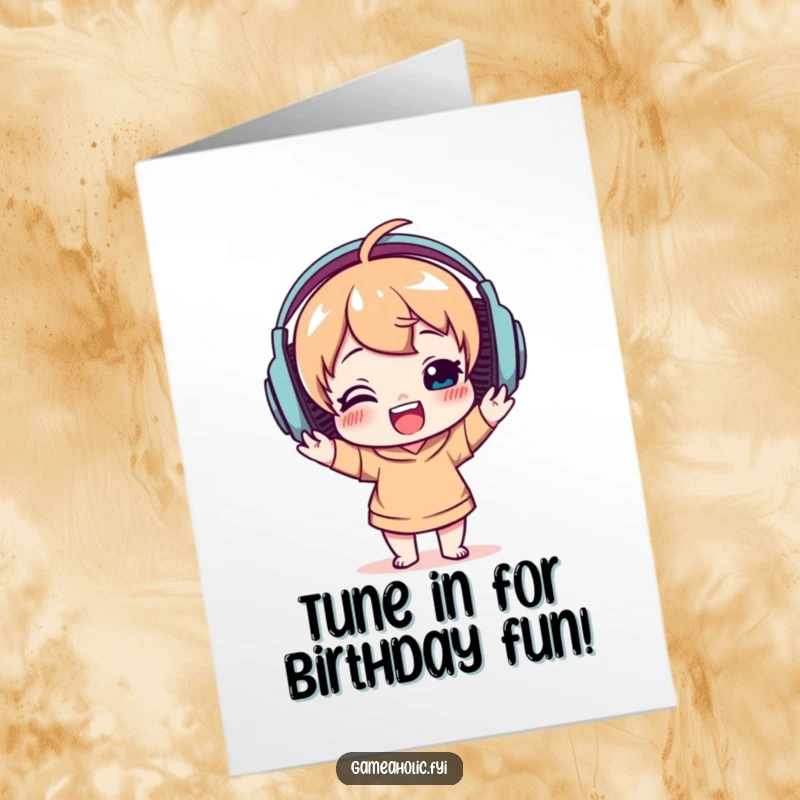 Funny Free Printable Birthday Card: Delighted character wearing huge headphones, bobbing their head to music.