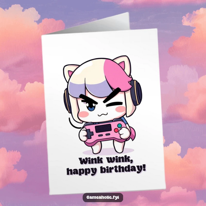 Funny Free Printable Birthday Card: Mischievous character winking slyly while holding a game controller, ready for fun.