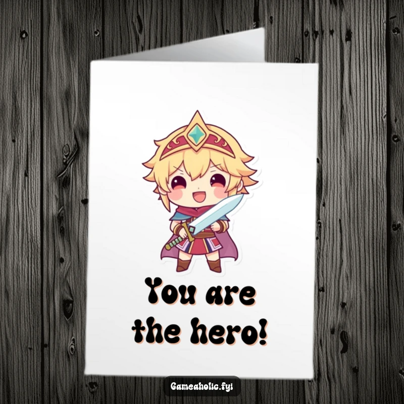 Funny Free Printable Birthday Card: Proud gamer character beaming, holding a tiny sparkling sword, celebrating a victory, downloadable.