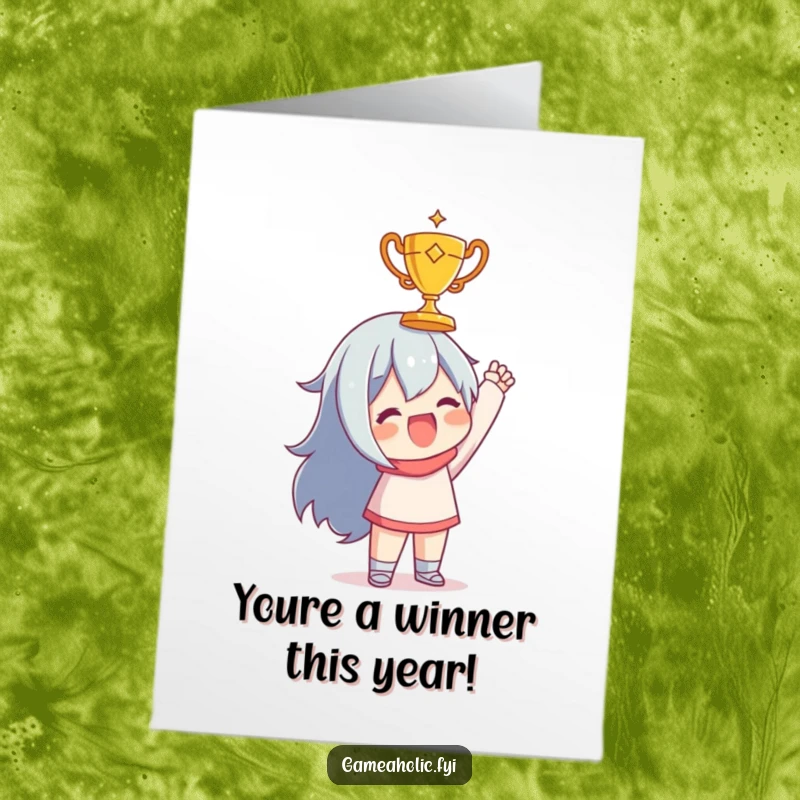 Funny Free Printable Birthday Card: Character joyfully holding a tiny golden trophy, celebrating a win. A downloadable gift for winners.
