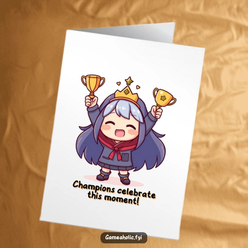 Funny Free Printable Congrats Card: A jubilant character proudly displays a small trophy, signifying a hilarious achievement.