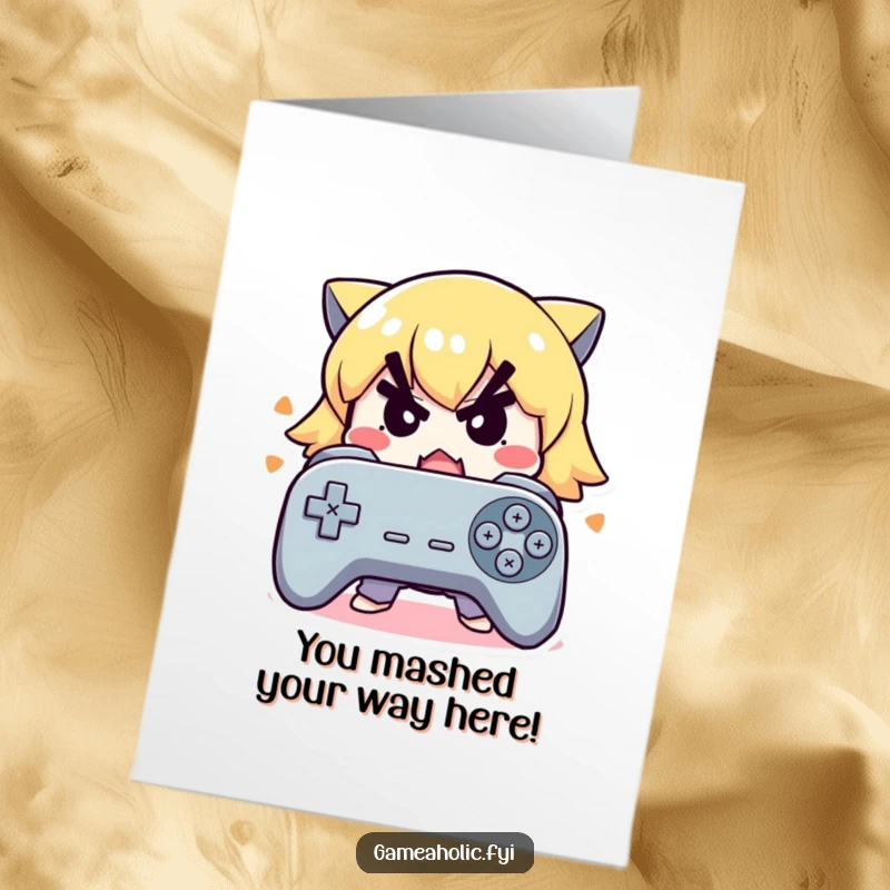 Funny Free Printable Congrats Card: Cute character intently mashes controller buttons, celebrating achievement, DIY.