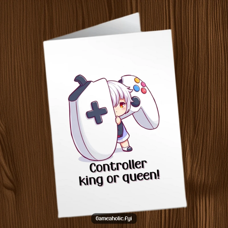 Funny Free Printable Gamer Congratulations Card: Character playfully hides behind a massive game controller, offering congrats.