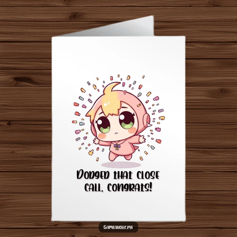 Funny Free Printable Congrats Card: Character narrowly dodging pixelated bullets, a symbol of overcoming obstacles.