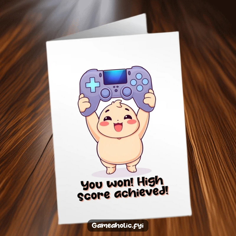 Funny Free Printable Congratulations Card: Chubby gamer celebrating a win, holding an enormous glowing game controller.