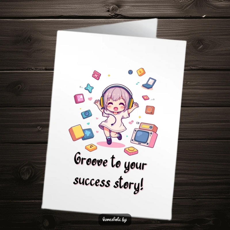 Funny Free Printable Congrats Card: A character with headphones, dancing ecstatically amidst game elements, celebrating a win.