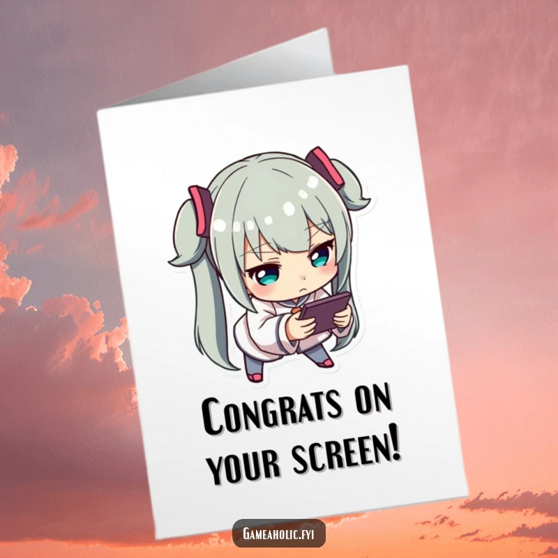 Funny Free Printable Congrats Card: Character engrossed in a handheld device, celebrating success with intense focus.