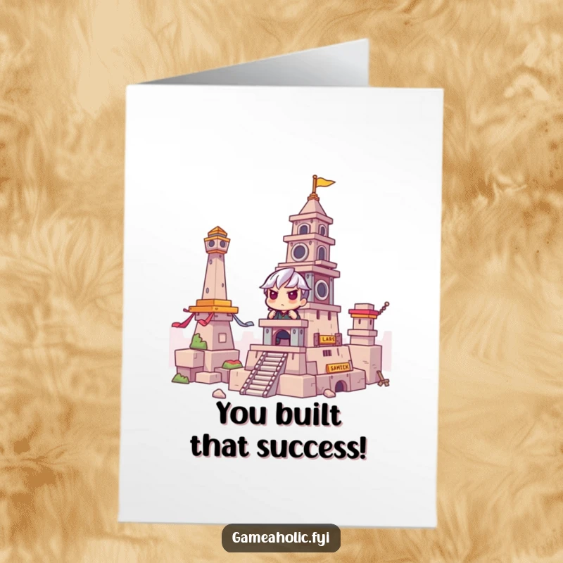 Funny Free Printable Congrats Card: Gamer architect concentrating on building a massive in-game tower for your celebration.