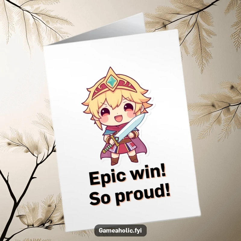 Funny Free Printable Congratulations Card: Gamer character beaming with pride, holding a small shiny sword, celebrating a win, downloadable.