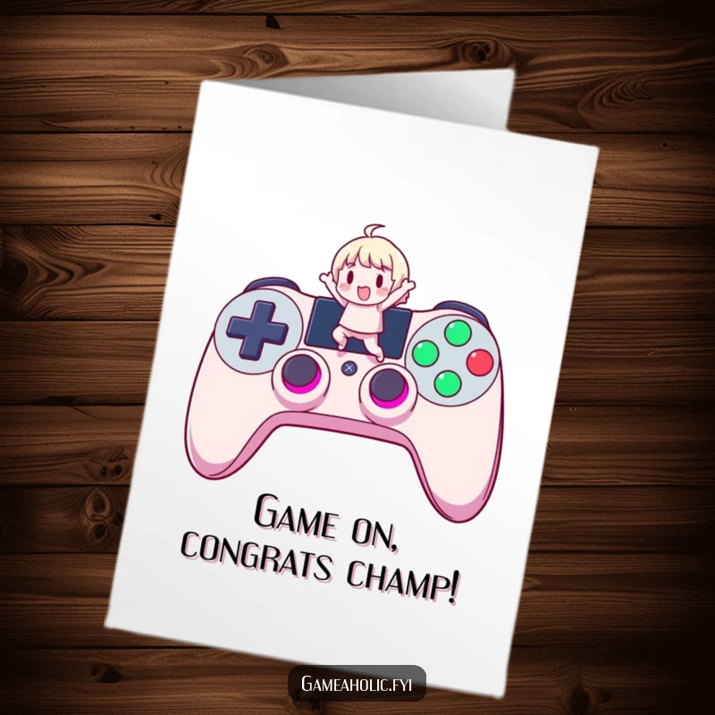 Funny Free Printable Congrats Card: Character jumping enthusiastically on a huge illuminated controller button.